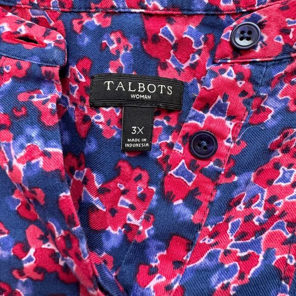 Talbots Woman 3X Floral Smocked Blouse Ruffle Cuff Cotton Blend Red Blue Pink - Picture 2 of 9